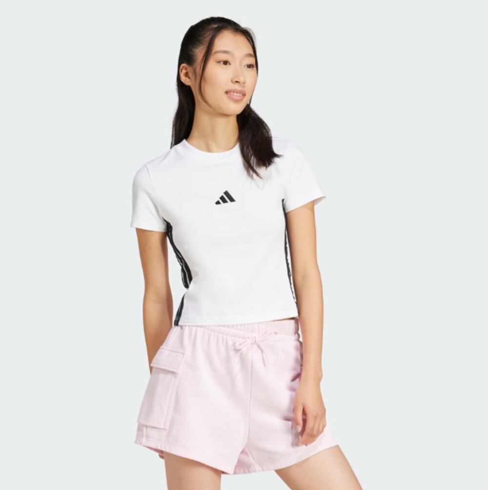 ADIDAS Essentials 3-Stripes Slim Baby Tee Large White Black Short Sleeve NWT